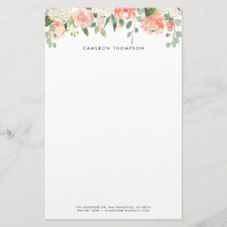 Papelaria Laranja e Branco Aquarelas Hydrangeas e Pêonias
