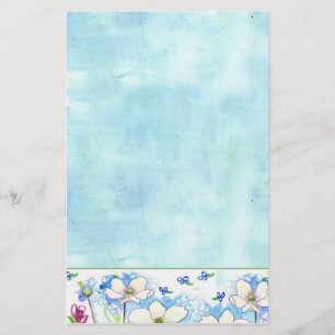 Papelaria Lavagem azul da aguarela do Wildflower branco
