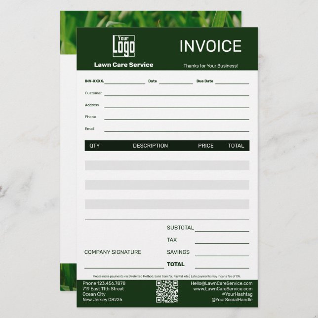 Papelaria Lawn Care Service Business Invoice (Frente/Verso)