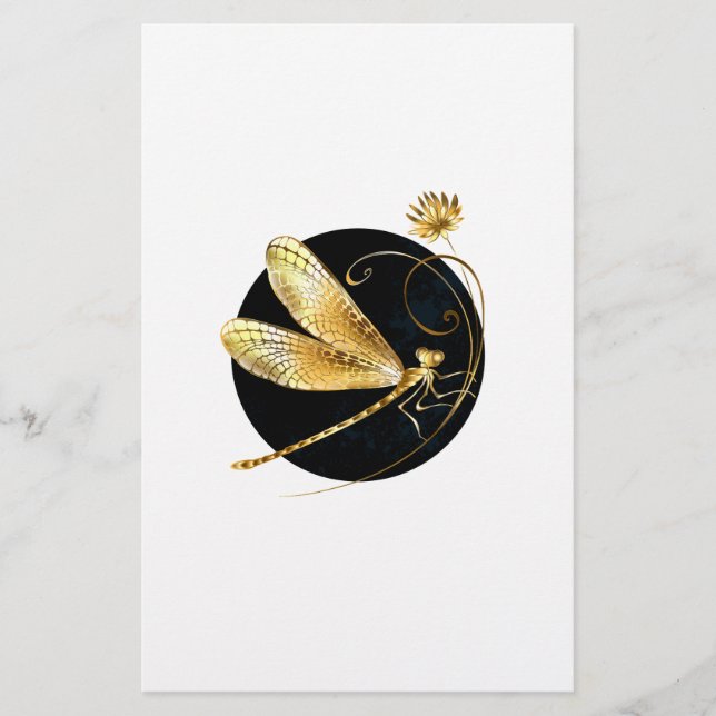 Papelaria libélula ouro em círculo preto (Frente)
