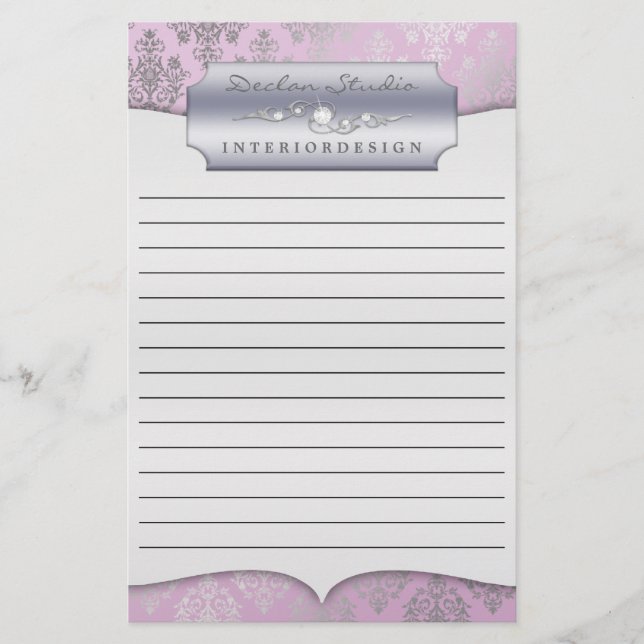 Papelaria Lilac Dashing Damask Lined Business Papel de carta (Frente)