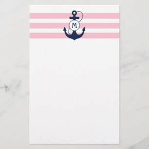 Papelaria Listras náuticas cor-de-rosa com monograma da