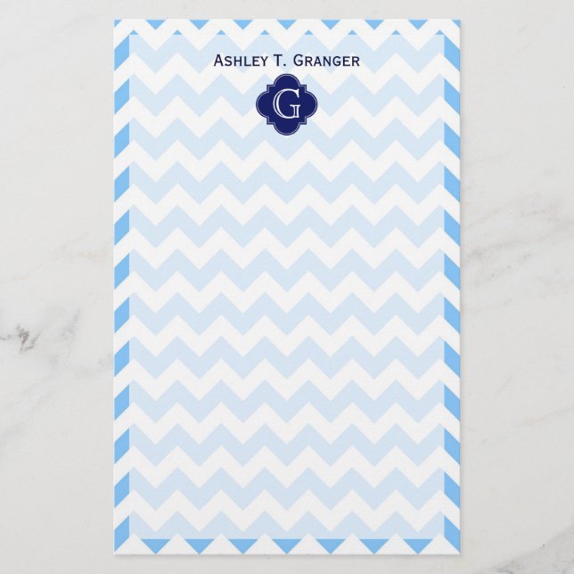 Papelaria Lt Blu Wht Chevron Zigzag Marinho Quatrefoil Monog (Frente)
