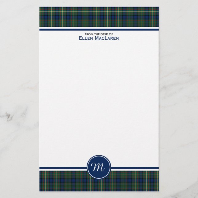 Papelaria MacLaren Clan Tartan Blue e Green Xadrez Monograma (Frente)