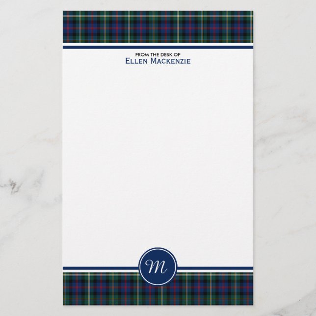 Papelaria Malcolm Clan Tartan Xadrez Azul Escuro Monograma (Frente)