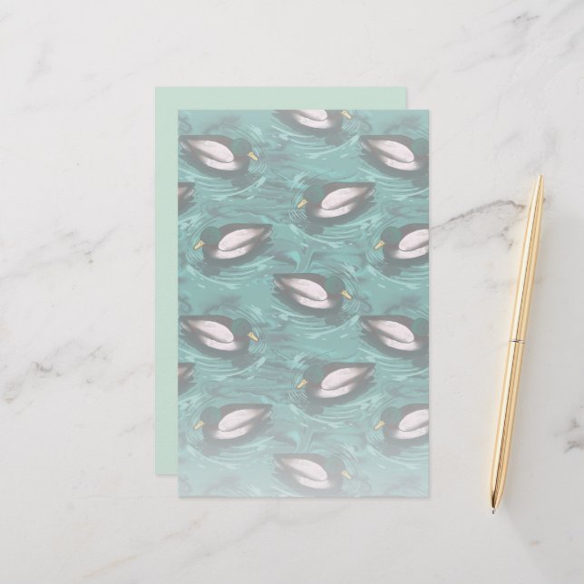 Papelaria Mallards Nadando no Padrão de Água (Frente/Verso In Situ)