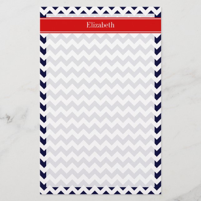 Papelaria Marinho Azul Branco Chevron Zig Zag Red Name Monog (Frente)