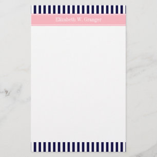 Papelaria Marinho Blue White Stripe Nome cor-de-rosa Monogra