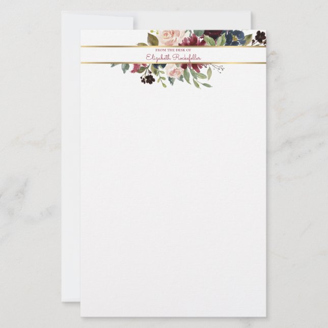 Papelaria Marinho Burgundy Dourado Boho Buquê Floral Persona (Frente)