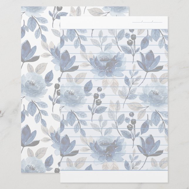 Papelaria Marinho Floral - Papel de carta Azul - Papel Vincu (Frente/Verso)