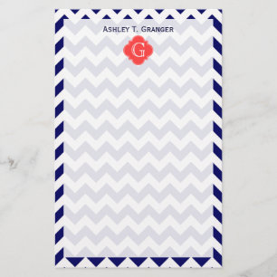 Papelaria Marinho Whevron Zigzag Coral Quatrefoil Monograma