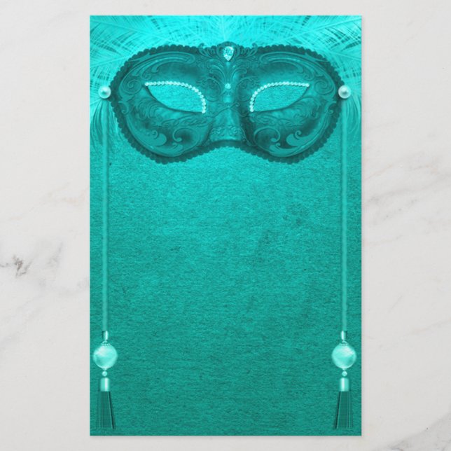 Papelaria Máscara de mascarada com pena, elegante teal vinta (Frente)