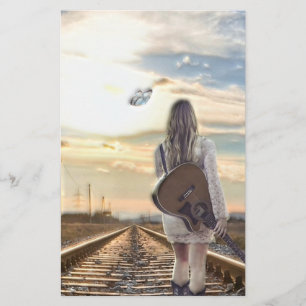 Papelaria Menina com a guitarra em trilhas de estrada de