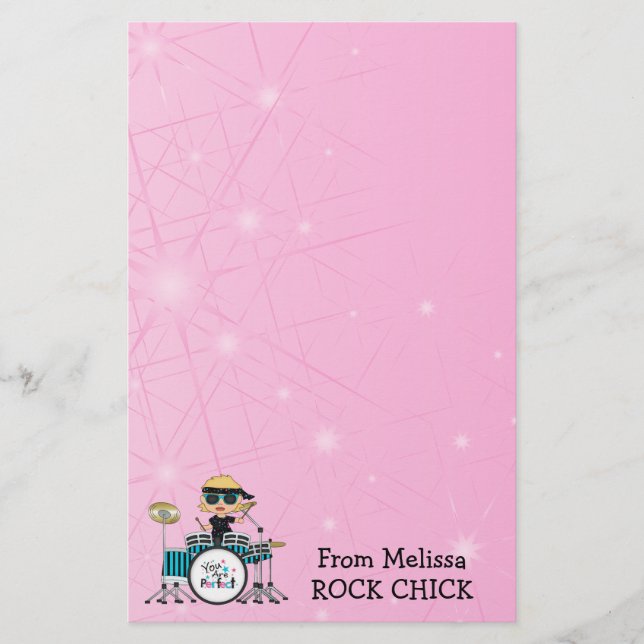 Papelaria Menina loura do baterista com as estrelas no rosa (Frente)