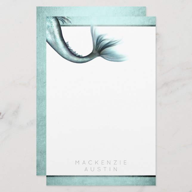 Papelaria Mermaid Luxe Tail | Seafoam Mint Green Aqua Custom (Frente/Verso)