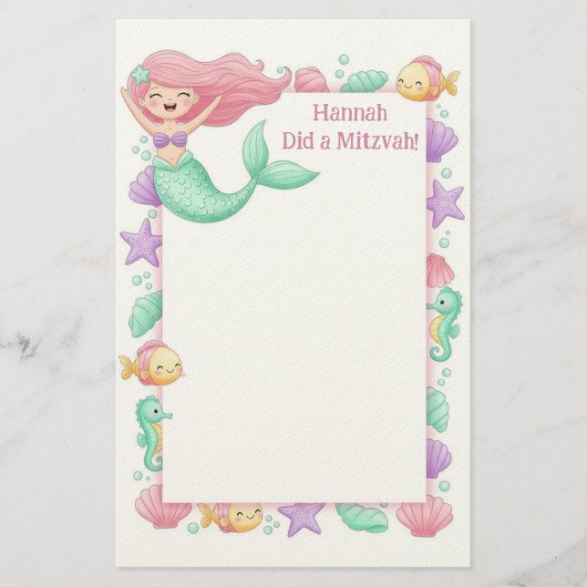 Papelaria Mermaid Personalizada Nota Mitzvah (Frente)