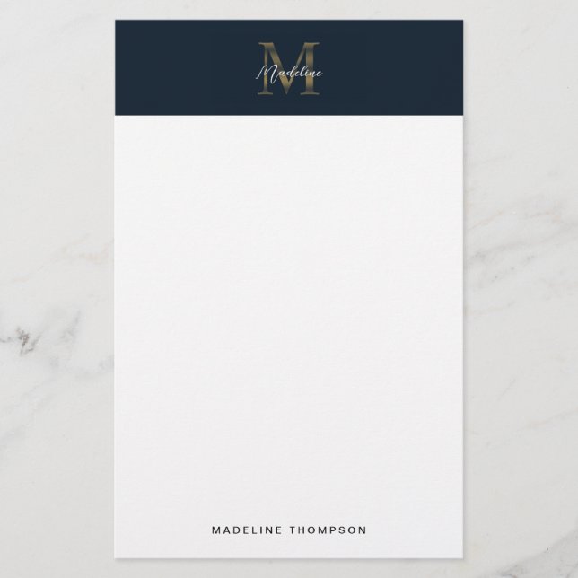 Papelaria Minimalist Script Metallic Navy Blue Gold Monogram (Frente)