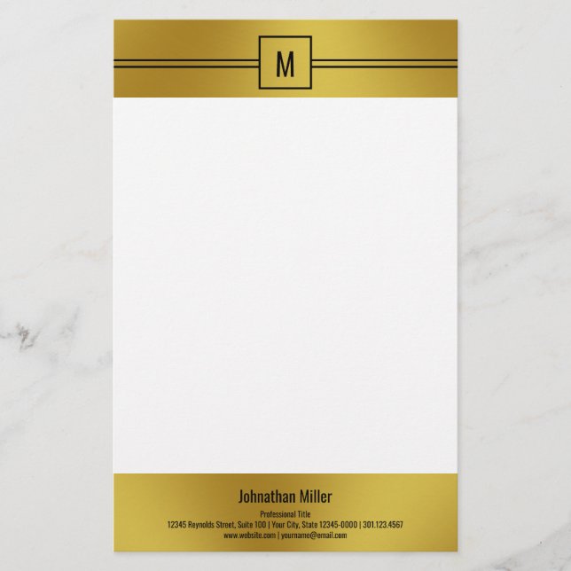Papelaria Modelo de Monograma Dourado e preto moderno (Frente)