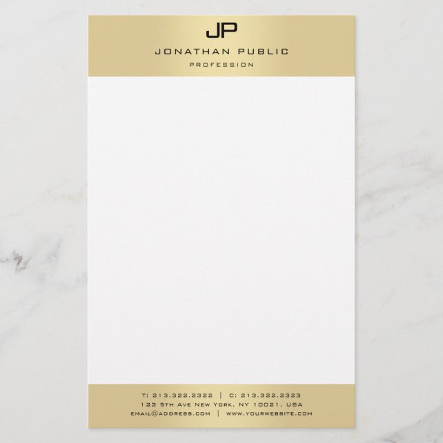 Papelaria Modelo Elegante Moderno Branco Dourado Monograma (Frente)