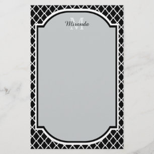 Papelaria Moderno Preto e Branco Quatrefoil Nome monograma