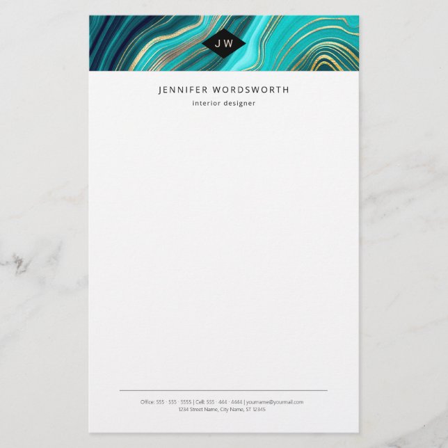 Papelaria Monograma Aquarela Geodo Verde Agate Malachite (Frente)