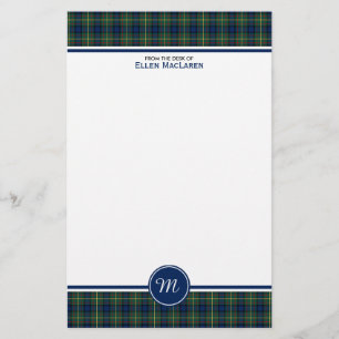 Papelaria Monograma azul e verde do Tartan do clã de