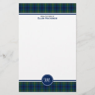 Papelaria Monograma azul e verde do Tartan do clã de