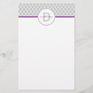 Papelaria Monograma cinzento e roxo de Quatrefoil