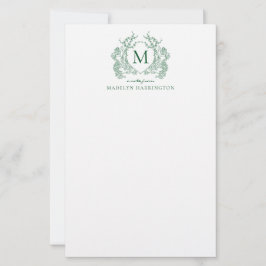 Papelaria Monograma Clássico Verde Floral Vintage Crest