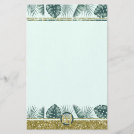 Papelaria Monograma com folhas tropicais e brilho
