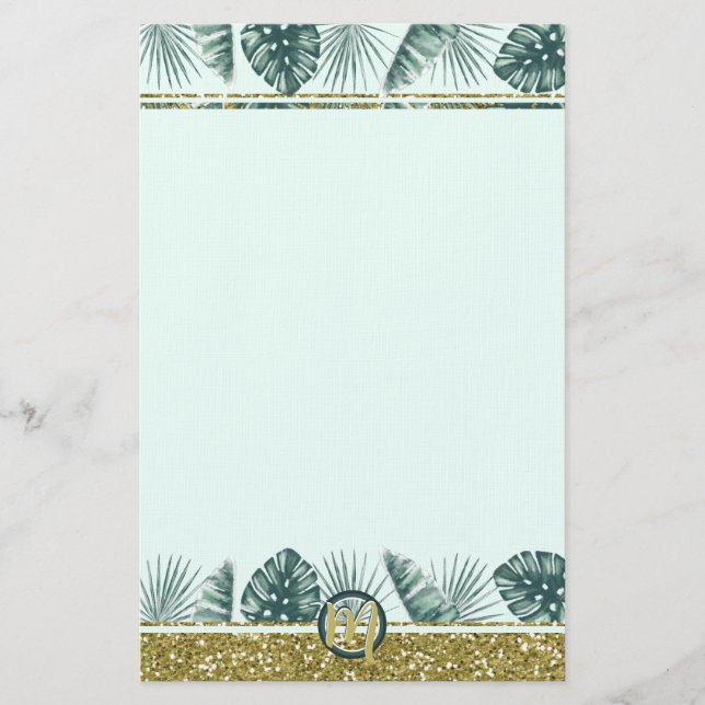 Papelaria Monograma com folhas tropicais e brilho (Frente)