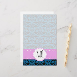Papelaria Monograma - damasco, ornamento, roda - preto azul
