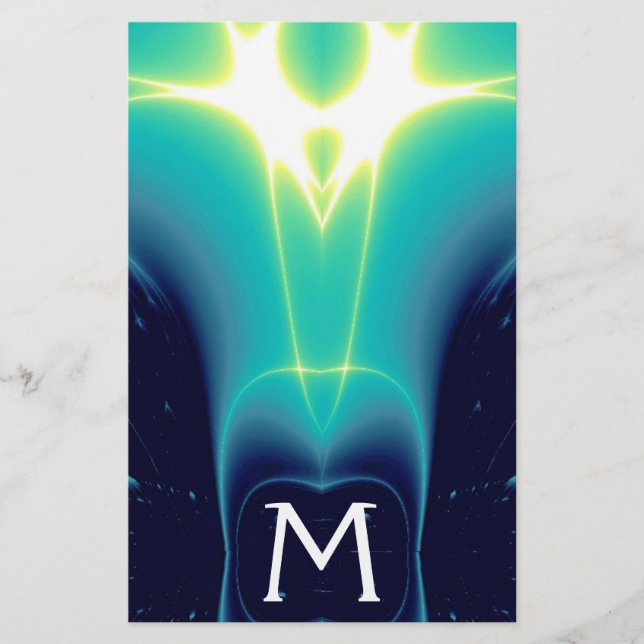 Papelaria MONOGRAMA DE ONDAS DE LUZ AZUL abstrato TEAL AZUL (Frente)