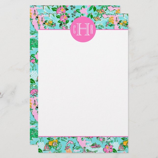 Papelaria Monograma do Padrão de Praia da Palm do Mapa da Fl (Frente/Verso)