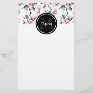 Papelaria Monograma do Padrão Floral de Aquarela Rosa e Cin