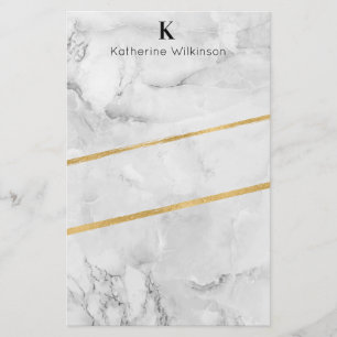 Papelaria Monograma Dourado de Mármore Branco Elegante