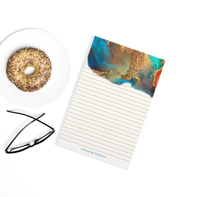 Papelaria Monograma Dourado Místico Abstrato Teal Linhado (Criador carregado)