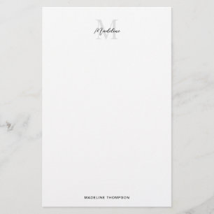 Papelaria Monograma Elegante Mínimo Branco Preto Script