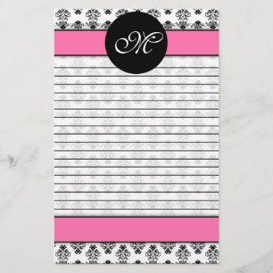 Papelaria Monograma personalizado do damasco do rosa & do