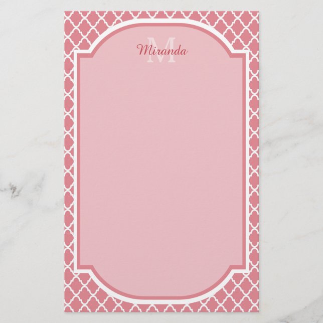 Papelaria Monograma Quatrefoil Cor-De-Rosa Chic Com Nome (Frente)