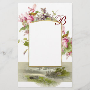 Papelaria MONOGRAMA ROMÂNTICO / CICLAMENES, rosa verde branc