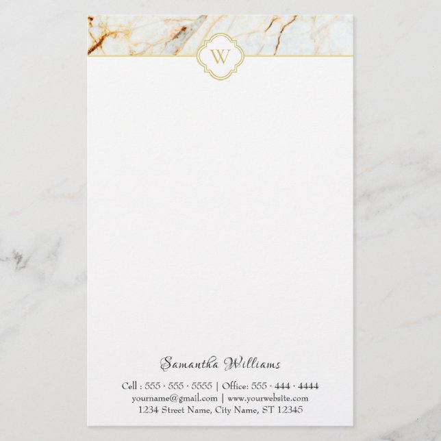 Papelaria Monogramo Marble Elegante White Dourado Stationery (Frente)