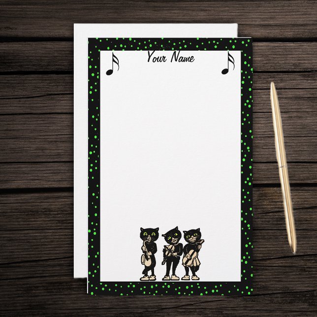 Papelaria Musical Vintage Black Cats (Three black cat musicians playing instruments green dotted black border on white stationery paper.)