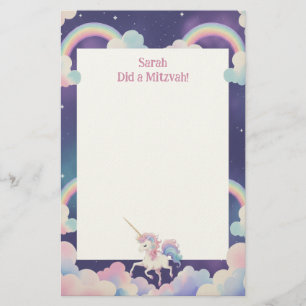 Papelaria Nota Mitzvah Personalizada do Unicorn