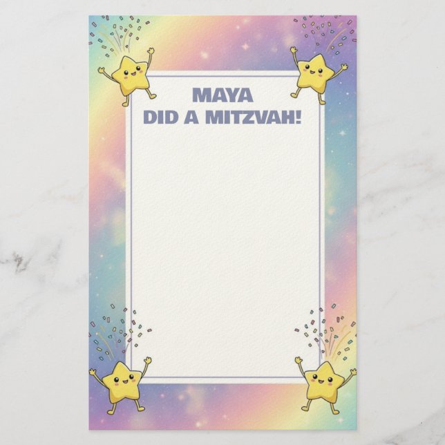 Papelaria Nota Mitzvah Personalizada Estrelas do Rainbow Con (Frente)