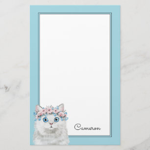 Papelaria O gato floral branco doce adiciona seu nome