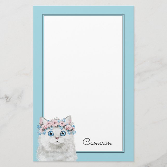 Papelaria O gato floral branco doce | adiciona seu nome (Frente)