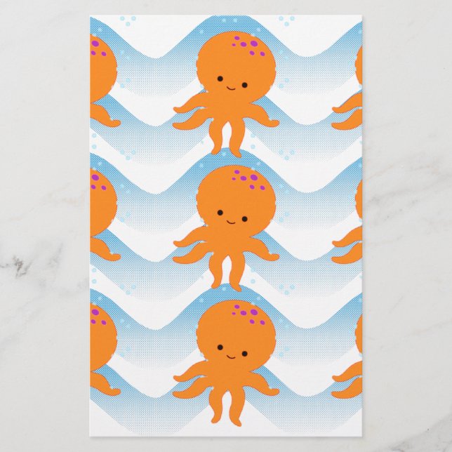 Papelaria Octopus Laranja E Padrão De Ondas Azuis (Frente)