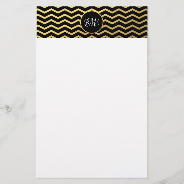 Papelaria Padrão Chevron Preto e Dourado Triplo Monograma (Frente)