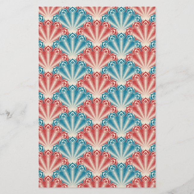 Papelaria Padrão de Cauda Pavão Vermelho e Azul (Frente)